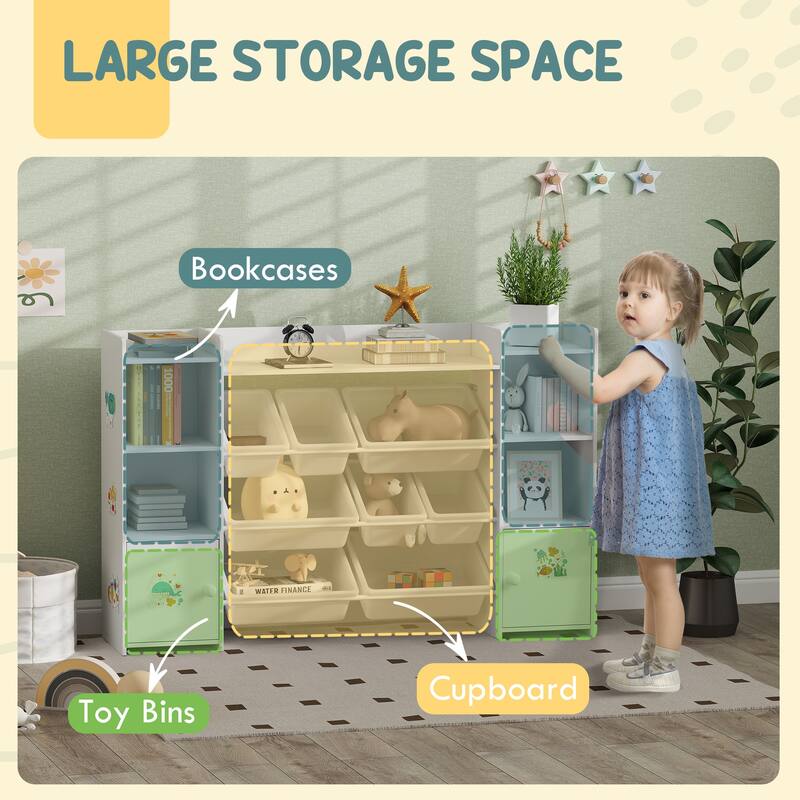 White Children’s Storage Organizer with Shelves and Toy Bins Cupboard and Round Corner for Kids - 55.1" L x 11.8" W x 35.4" H