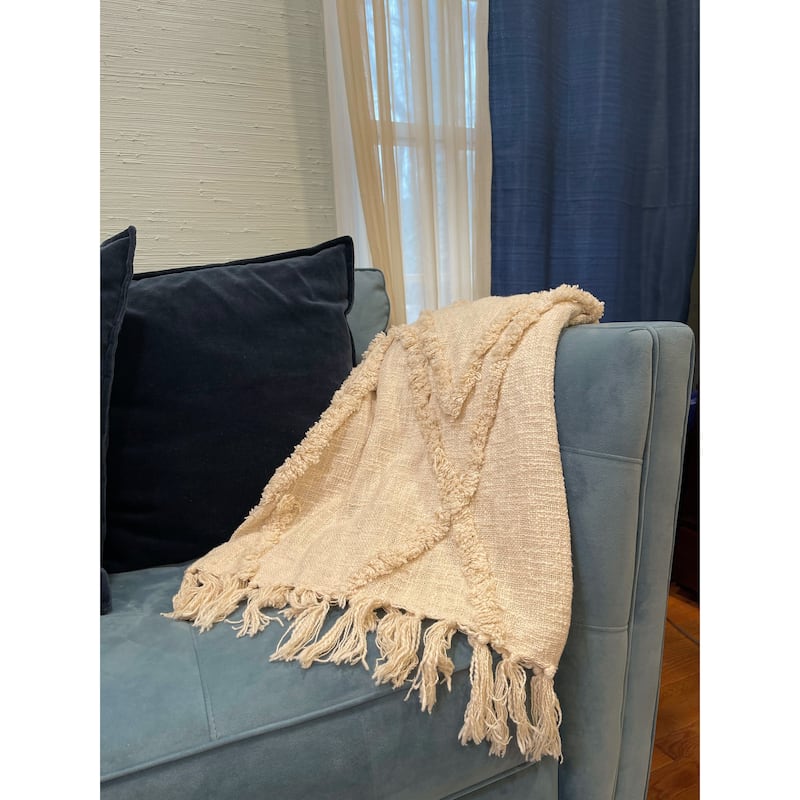 Sevita Handmade Boho Farmhouse Natural - Off White Sofa Bed Throw Blanket with Fringe
