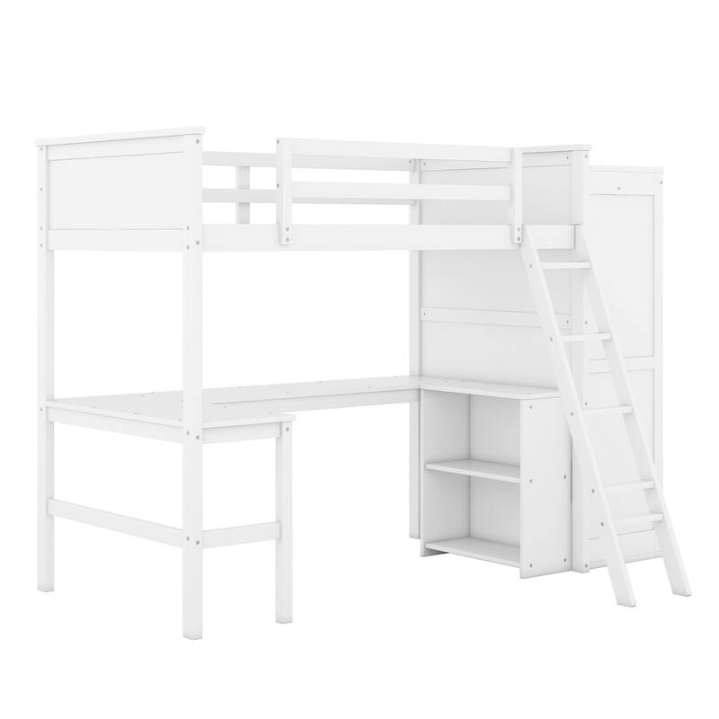 Loft Bed with Desk, Wardrobe and Storage Shelves, mutifunctional loft