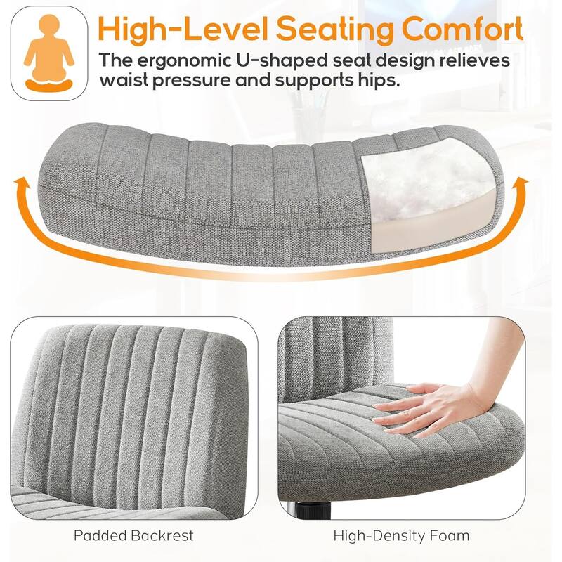 Home Office Desk Chair Criss Cross Legged Office, Wide Comfty Desk, Wheels Armless Computer Task, Swivel Vanity Home Chair