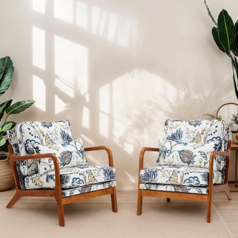 EROMMY Floral Accent Chair, Mid Century Modern Upholstered Armchair with Wood Frame and Cushion for Living Room - Set of 2 Chairs