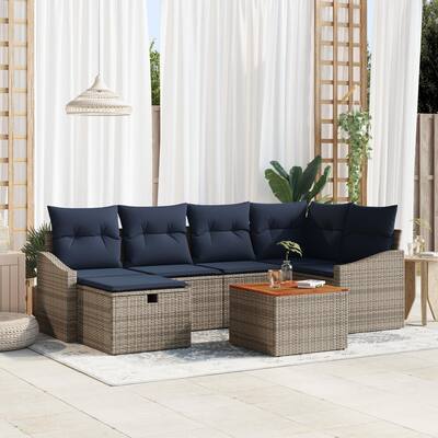 vidaXL 7 Garden Sofa Set with Cushions Black/Grey Poly Rattan - 91.9 x 48.6 x 27.2