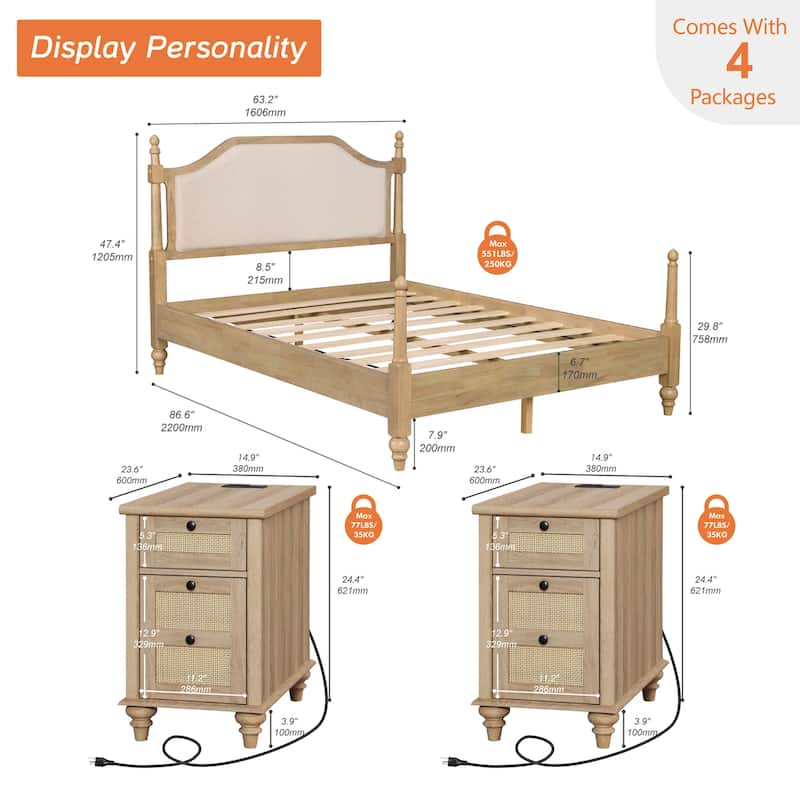 3 Piece Bedroom Set, Queen Size Bed Frame & Set of 2 Nightstands, Oak