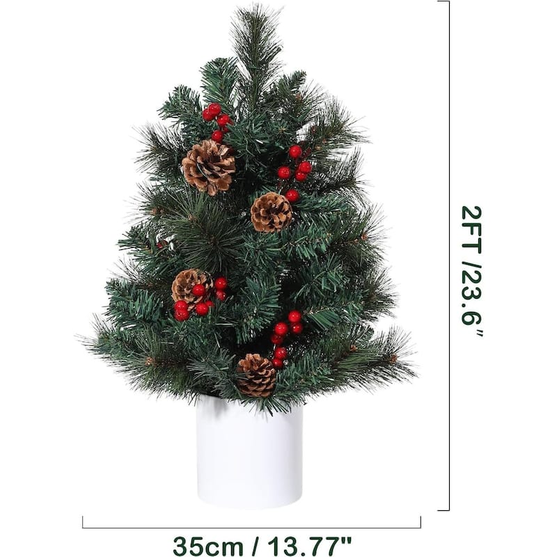 2 Ft Mini Christmas Trees, Red Berries & Pine Cones
