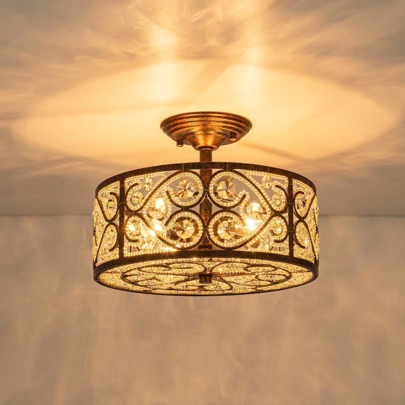 Spanish Vintage Crystal Bronze Drum Semi Flush - 13in