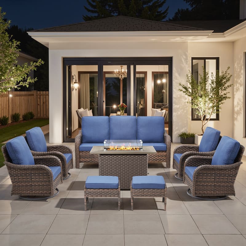 Pocassy Patio Sofa Swivel Chairs with Fire Table Funiture Set - Blue Cushion - Brown Wicker - 8-Piece Sofa Swivel Chair Ottoman w/ Fire Table
