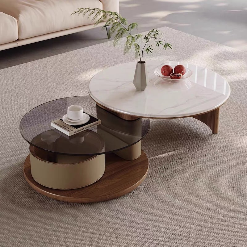 31.5" Modern Multifunctional Rotating Coffee Table, Faux Marble Glossy Table top, Saddle Leather Swivel Drawer