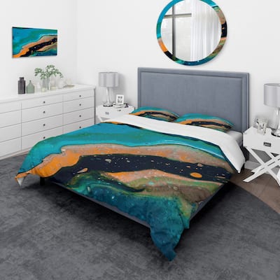 Designart 'Abstract Marble Composition In Blue and Orange II' Modern Duvet Cover Set