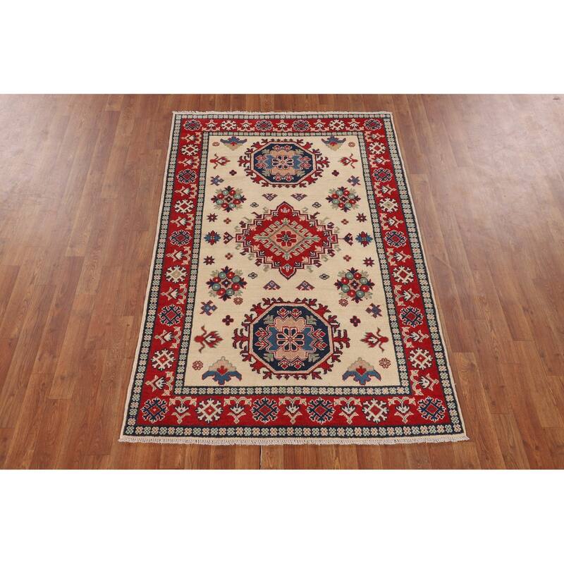 Geometric Ivory Kazak Accent Rug Hand-Knotted Wool Carpet - 3'11" x 5'11"