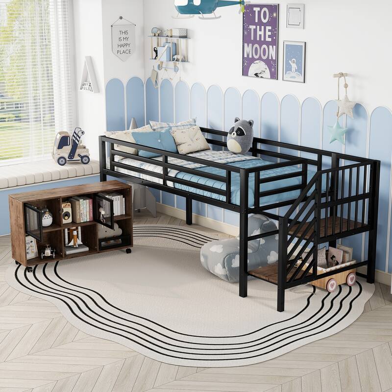 Twin Metal Loft Bed with Storage Cubby, Low Metal Loft Bed with Stairs for Kids