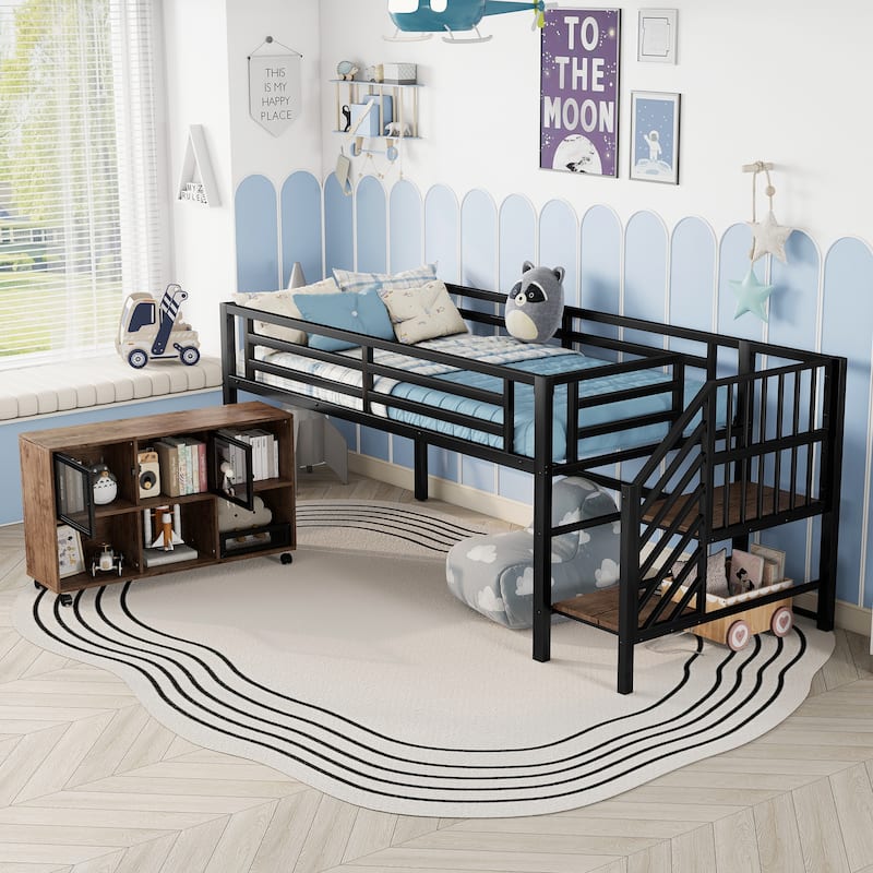 Twin Size Metal Loft Bed with Movable Storage Cabinets, Low Loft Bed Metal Frame Bed with Stairs for Kids
