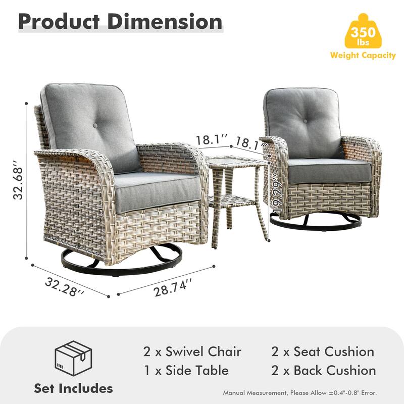 HOOOWOOO 3-piece Outdoor Patio Wicker Rattan High Back Swivel Chair Set