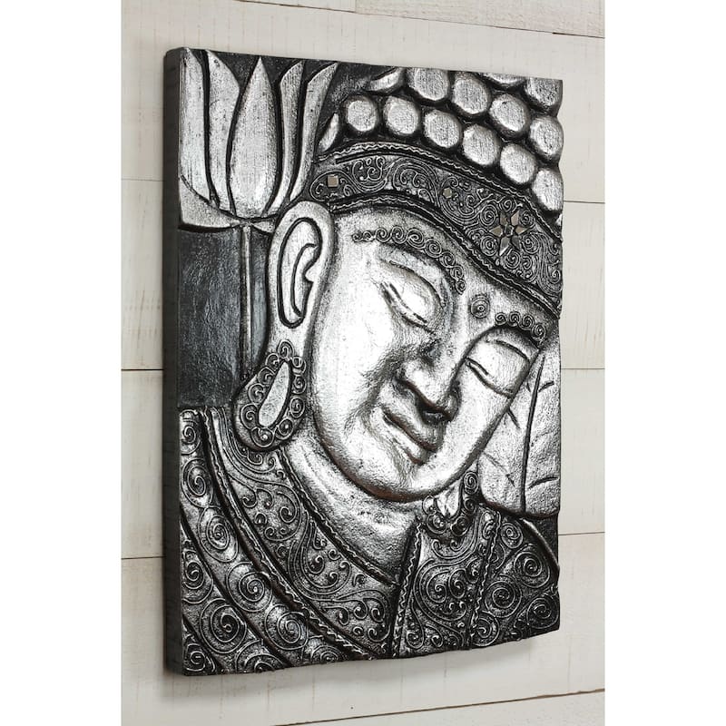 16" Silver Buddha Wall Panel Hand Carved Decorative Wood Relief, Zen Spiritual Wall Art