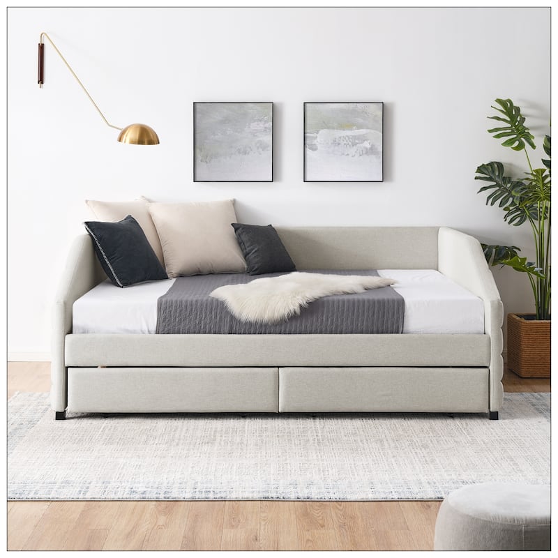 Queen Size Daybed with Two Drawers Trundle
