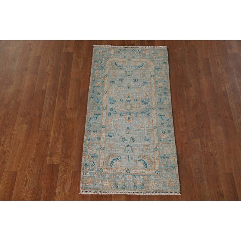 Light Blue Oushak Vegetable Dye Accent Rug Handmade Wool Carpet - 1'11"x 4'0"