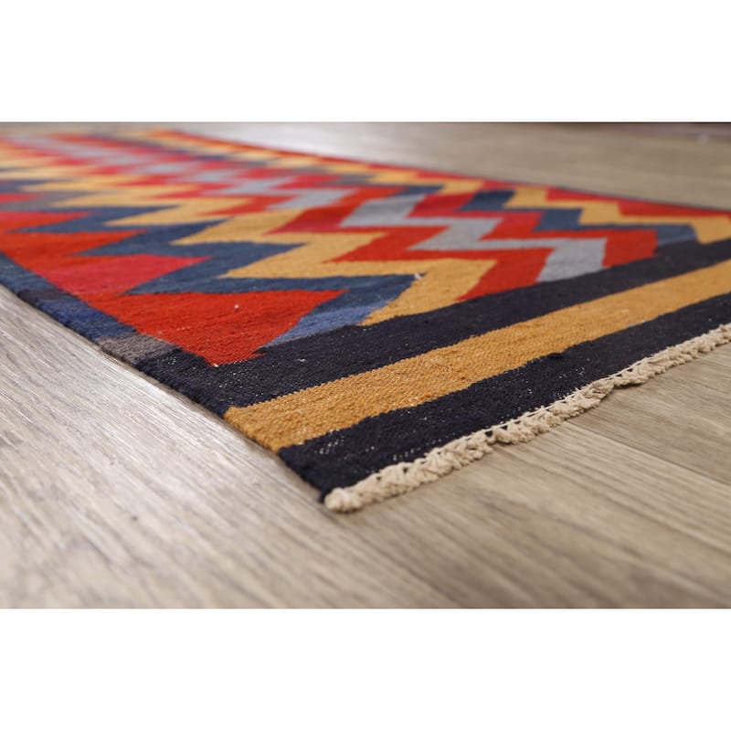 Geometric Chevron Kilim Oriental Area Rug Hand-woven Wool Carpet - 3'1" x 6'3"