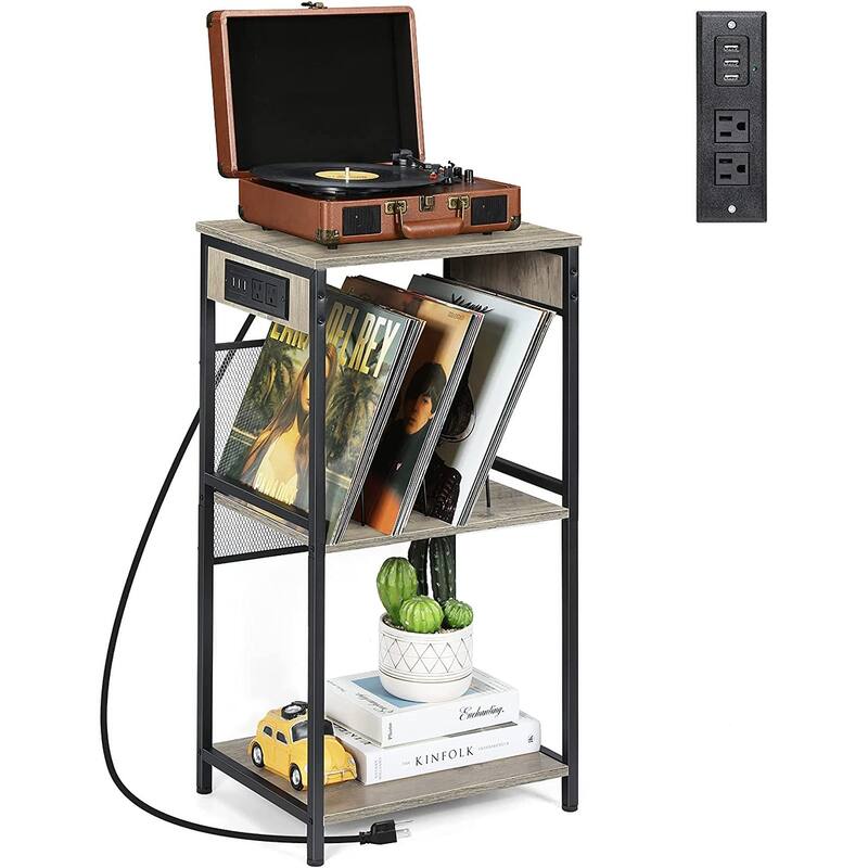 3-Tier Vinyl Record Player Stand with Charging Station