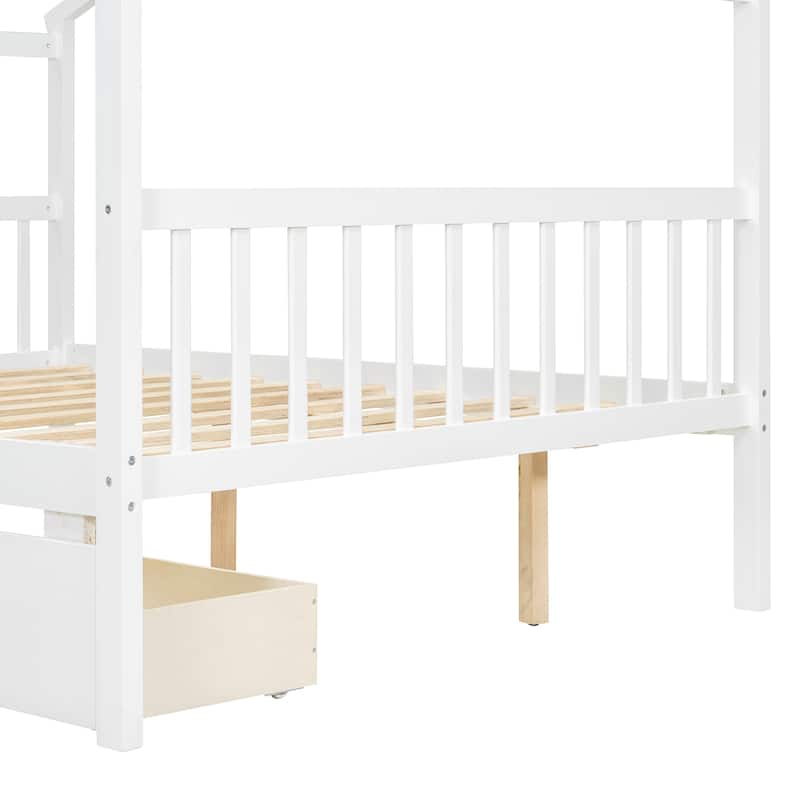 Creativity House Bed Full Size Frame with 2 Wood Drawers for Boys Girls, Wood Platform Bed with Roof No Box Spring Needed