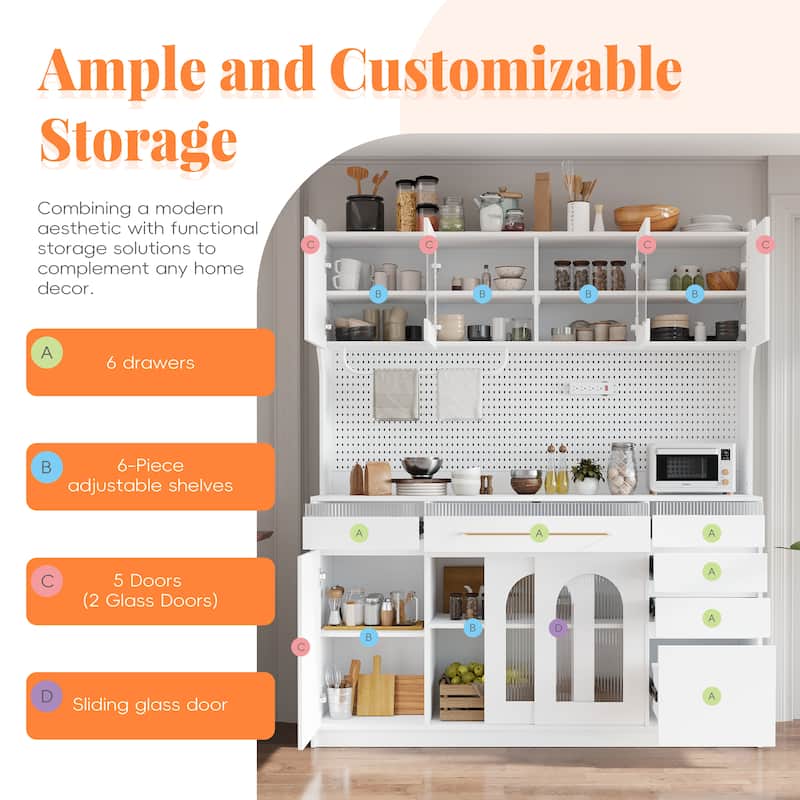 Freestanding 63'' W Buffet with Hutch, Large Coffee Bar Storage Cabinet with 6 Drawers, 5 Cabinets with Adjustable Shelves