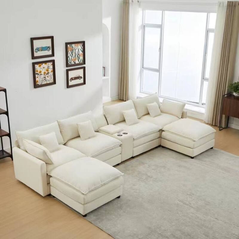 Oversized Modular Sectional Sofa U Shaped Couch Modern 6 Seat Sofa Set with Console, Movable Ottomans, Cup Holders, USB Ports - Beige