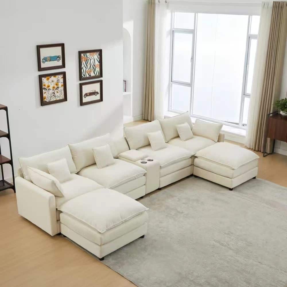 Oversized Modular Sectional Sofa U Shaped Couch Modern 6 Seat Sofa Set with Console, Movable Ottomans, Cup Holders, USB Ports