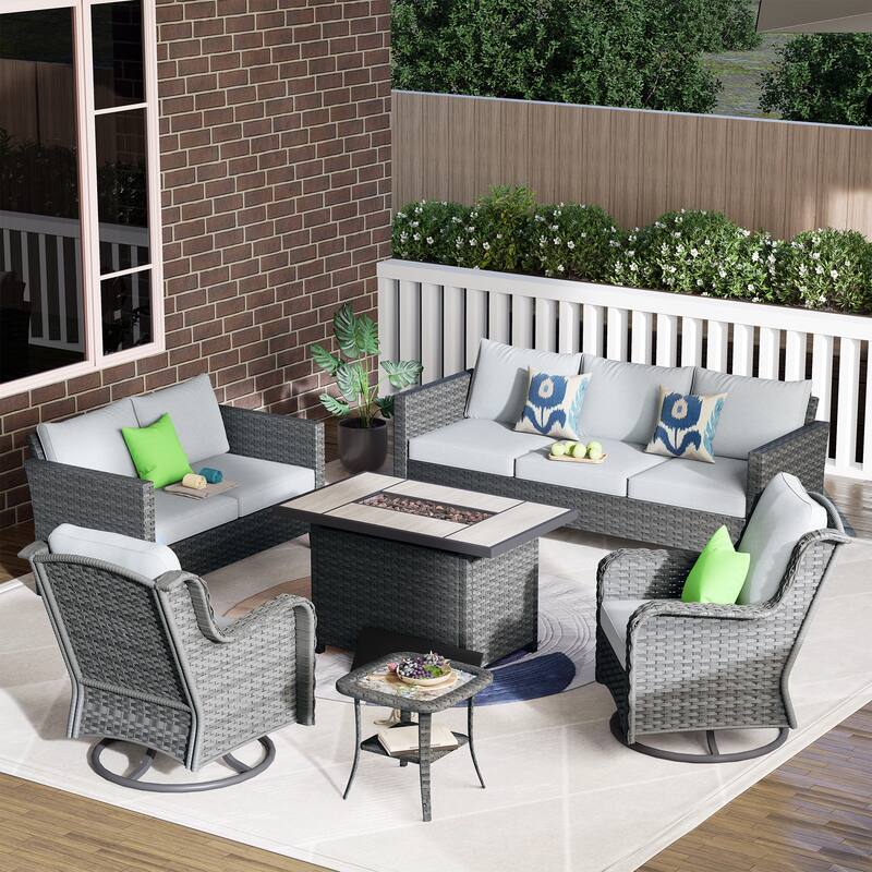 OVIOS 6-piece Patio Loveseat Swivel Chair Set With 42" Fire Table - Grey