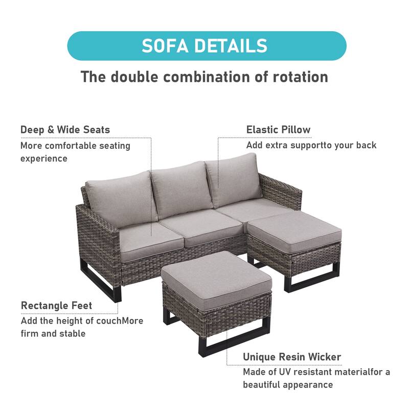 6PCS PE Wicker 3-Seat Sofa Chait with Propane Fire Pit Table