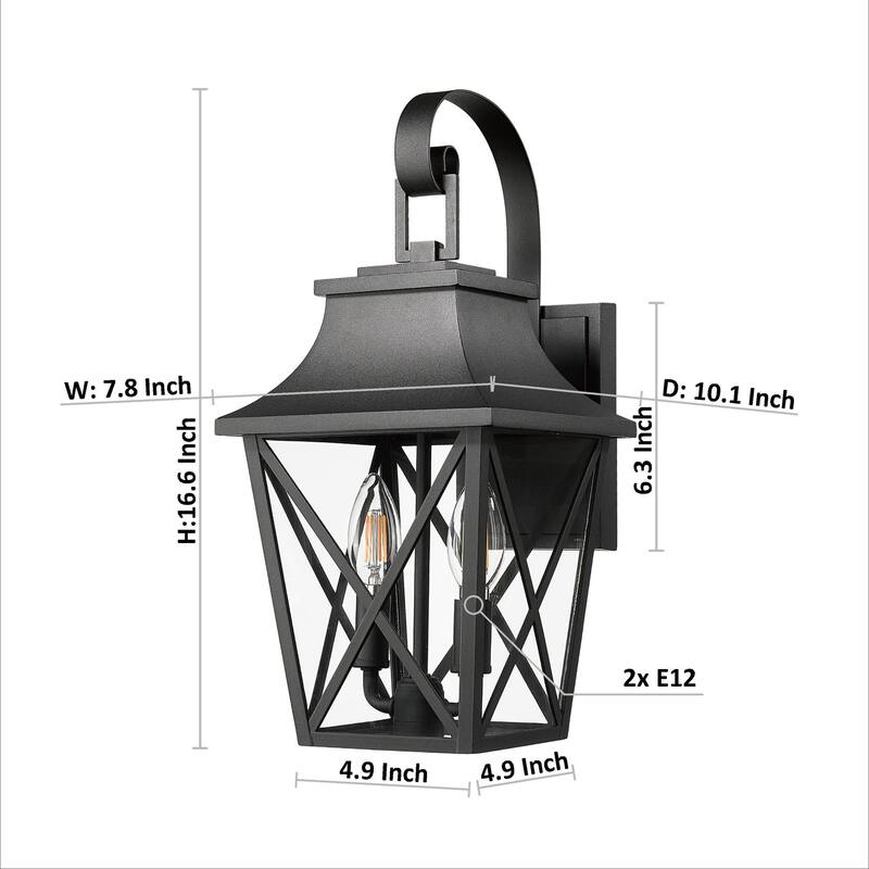 Black Outdoor Wall Lantern 2-Light Modern Waterproof Wall Sconce Light