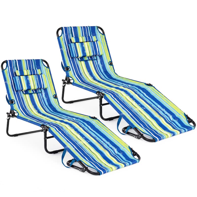 Gymax 2PCS Folding Beach Sun Lounger w/Face Hole Removable Pillows - Multi,Blue,Pink,Sand,Navy
