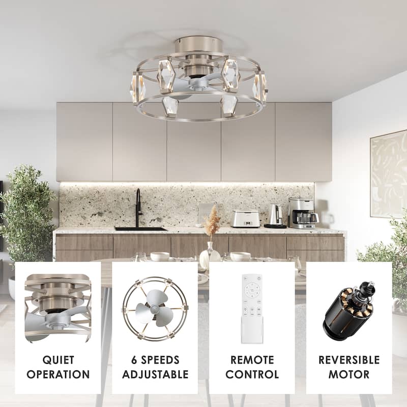 20.8" Flush Mount 3-Blade Crystal Ceiling Fan with Dimmable LED Light and Remote