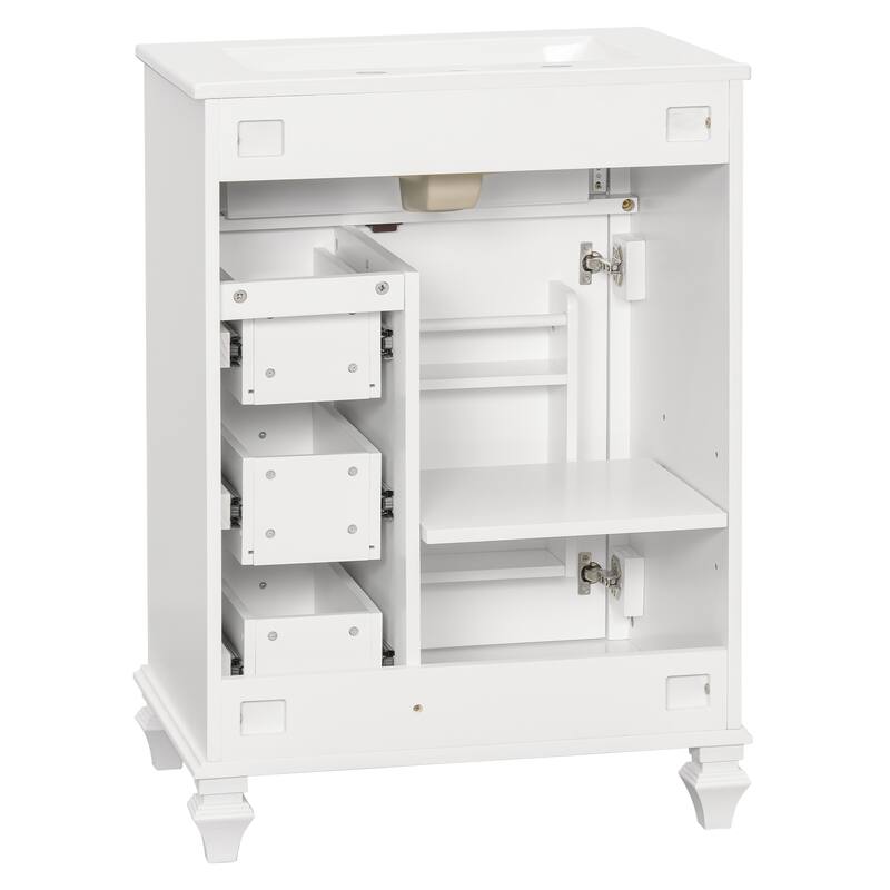 24"Bathroom Vanity with Sink, Freestanding Vanity Cabinet with Flip-Out Drawer, 3 Drawers & Storage Cabinet, Ceramic Sink Top