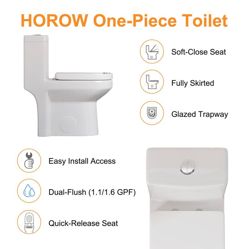 HOROW 1 Piece Dual Flush Toilet White 0.8 1.28 GPF Seat Included 12 Inch Rough In