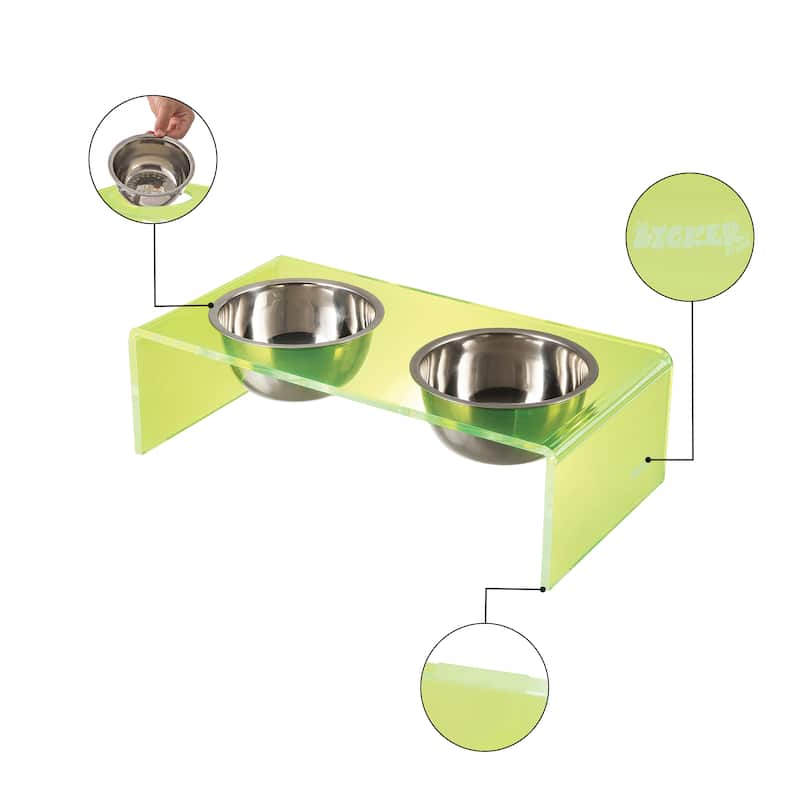 Keaton 5" Small/Medium Modern Lucite Rectangular Elevated Pet Feeder with 20oz 2-Stainless Steel Bowls