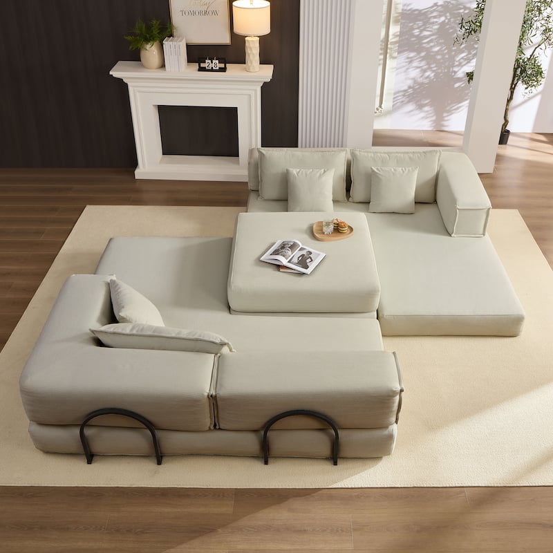 DIY Modular Corduroy L-Shaped Floor Sofa Set with 6 Pillows