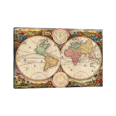 iCanvas "Antique Map of the World in two Hemispheres (1730)" by Stoopendaal Canvas Print