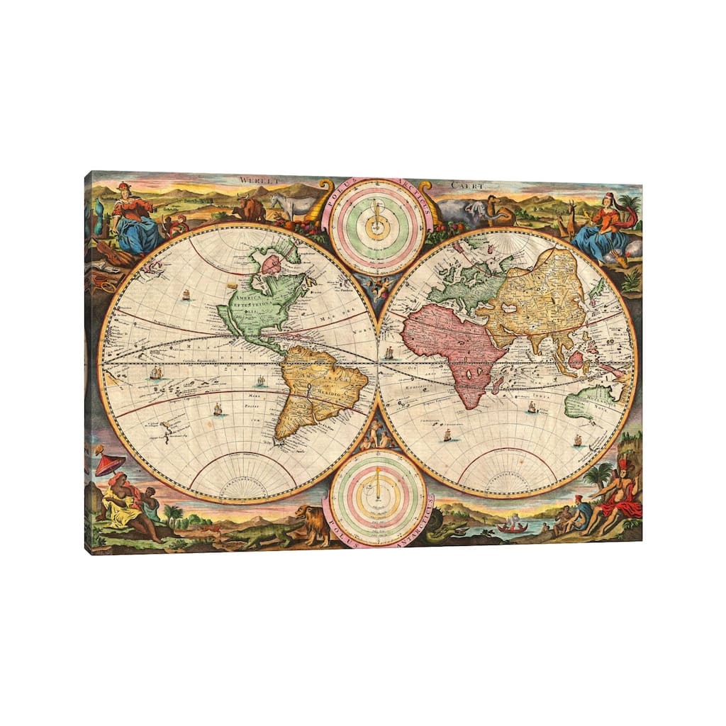 iCanvas "Antique Map of the World in two Hemispheres (1730)" by Stoopendaal Canvas Print