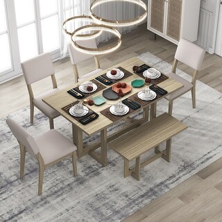 Rectangular Farmhouse 6-Piece Wooden Dining Table Set with Cushions ...