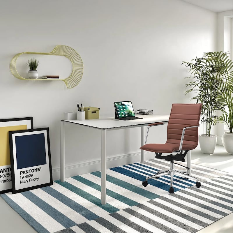 Modern Office Desk Chair | Upholstered PU Leather Ribbed Mid Back with Metal Frame | Adjustable Height, Tilt Lock