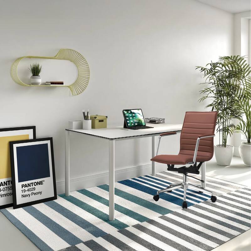 Set of 2 Modern Office Chairs | Upholstered PU Leather Ribbed Mid Back with Metal Frame | Adjustable Height, Tilt Lock