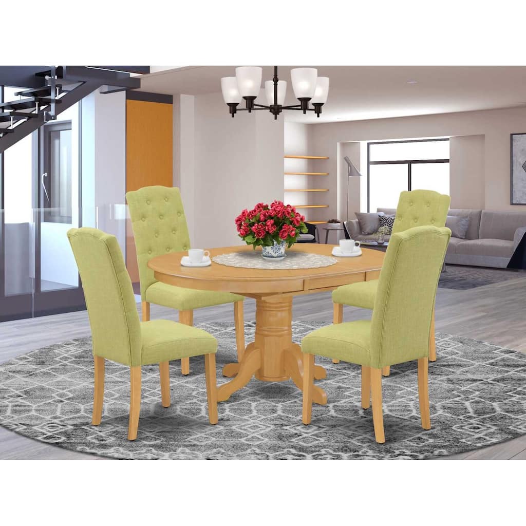 HomeStock 5-Piece Oval Natural Oak Finish Solid Wood Top Dining Table with 4-Parson Chair with Butterfly Leaf Lattice Back