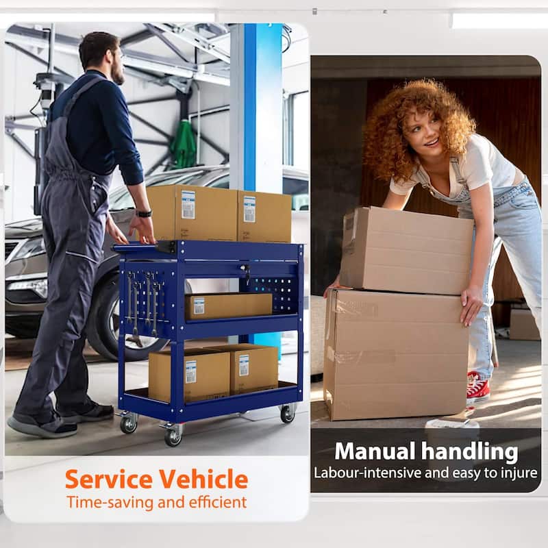 3-Tier Rolling Tool Cart on Wheels for Mechanics with Utility Drawer