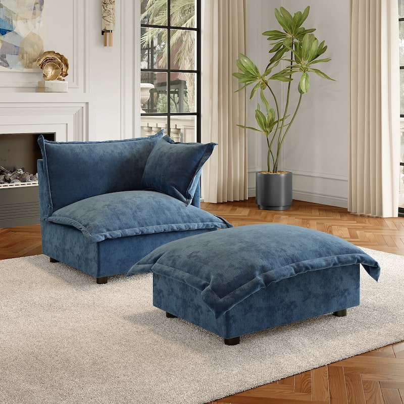 Modern Cloud Chaise Longue Accent Chair with Ottoman set - Navy-right - Corner Chair+ottoman