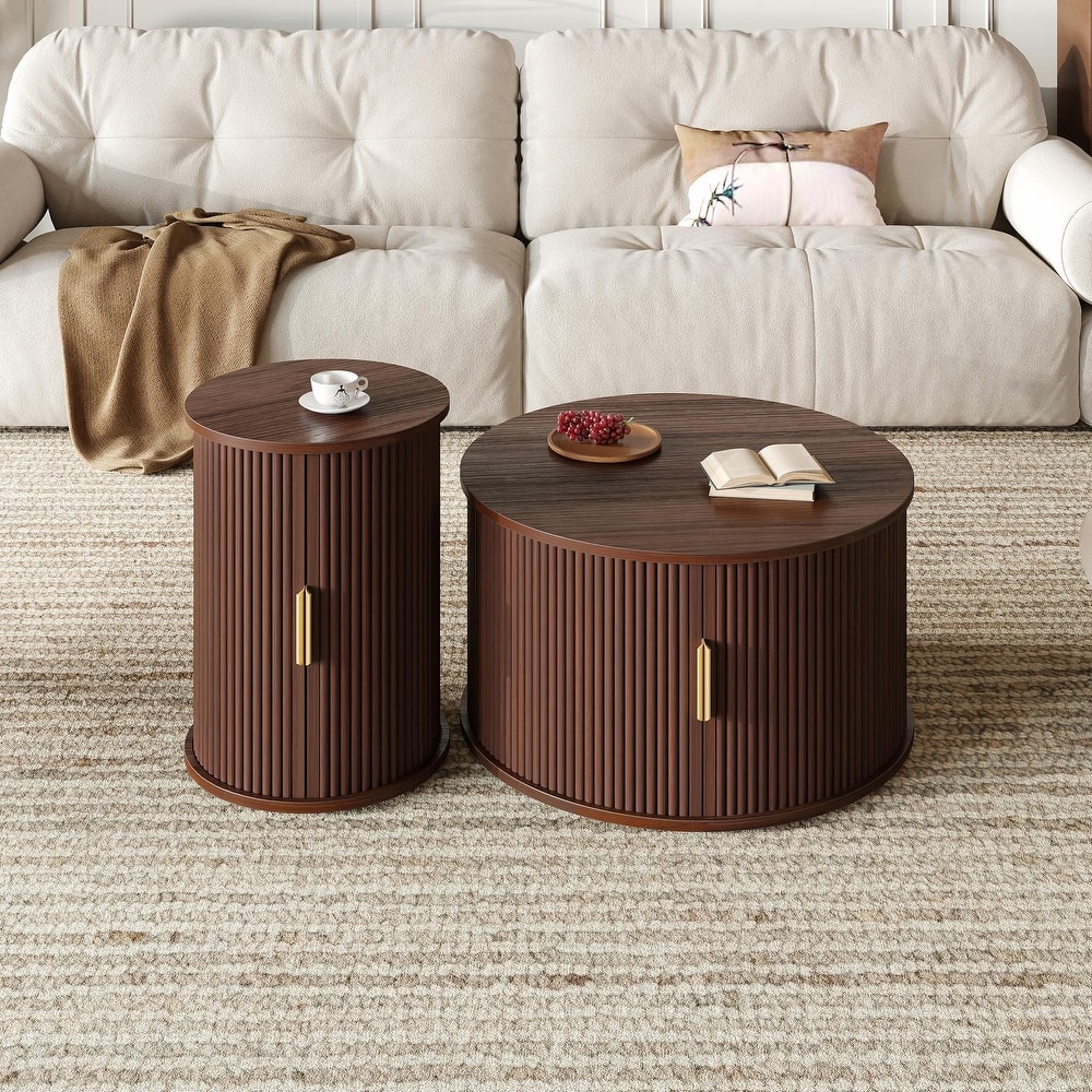 Mid-Century Coffee Table Set with Sliding Tambour Door - Round Fluted End Table with Storage