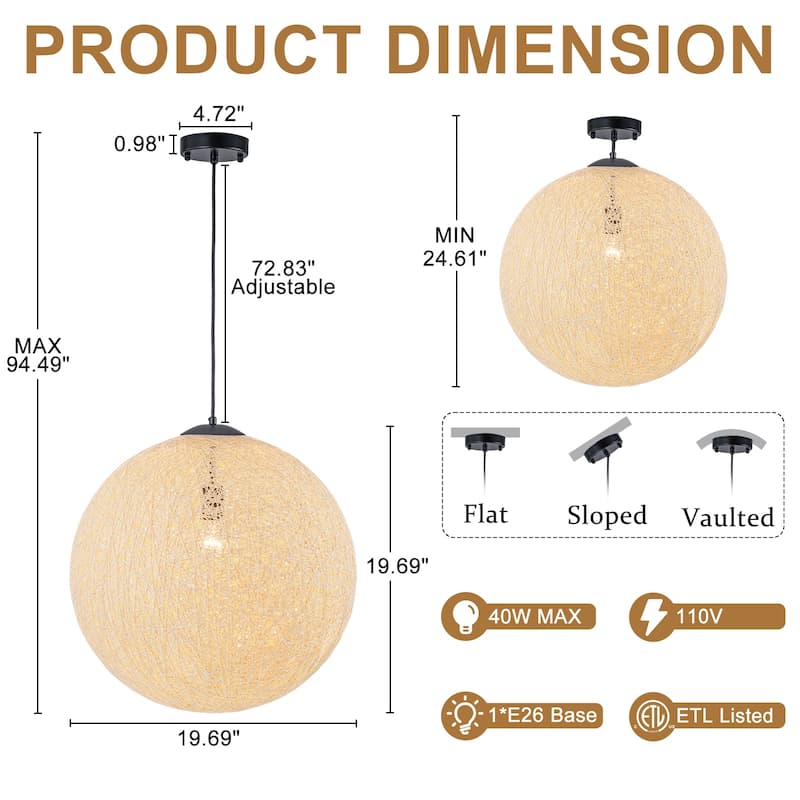 Beige Woven Globe Pendant Light Adjustable Hanging Ceiling Fixture - Dia.19.69-in
