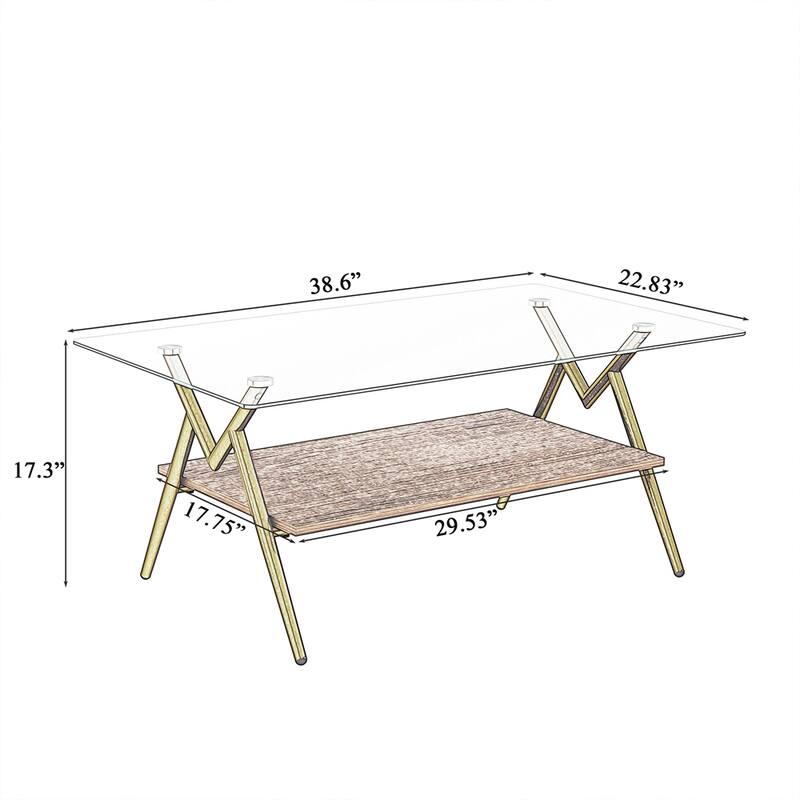 Modern Rectangle Coffee Table with Tempered Glass top and Metal Legs