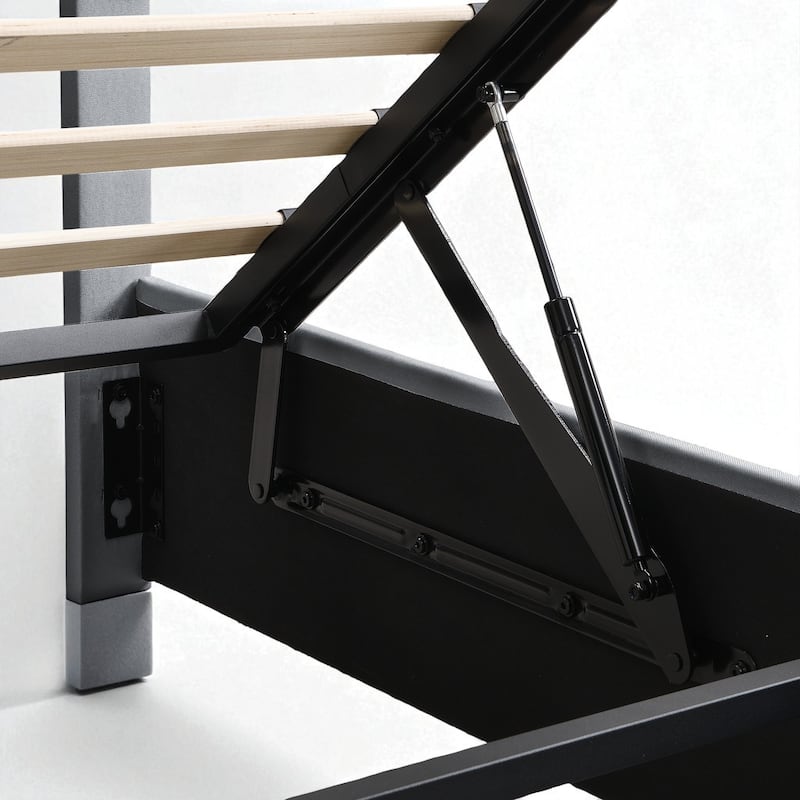 Full/Queen Upholstered Platform Bed with Hydraulic Lift Storage, Linen Headboard and Slats