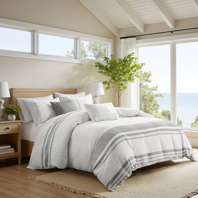 Harbor House Morgan 5 Piece Cotton Jaquard Duvet Set (Insert Excluded) - White/Grey - Queen