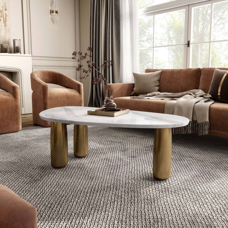 Furniture of America Luvien Modern White Sintered Stone Top Coffee Table with Gold Legs