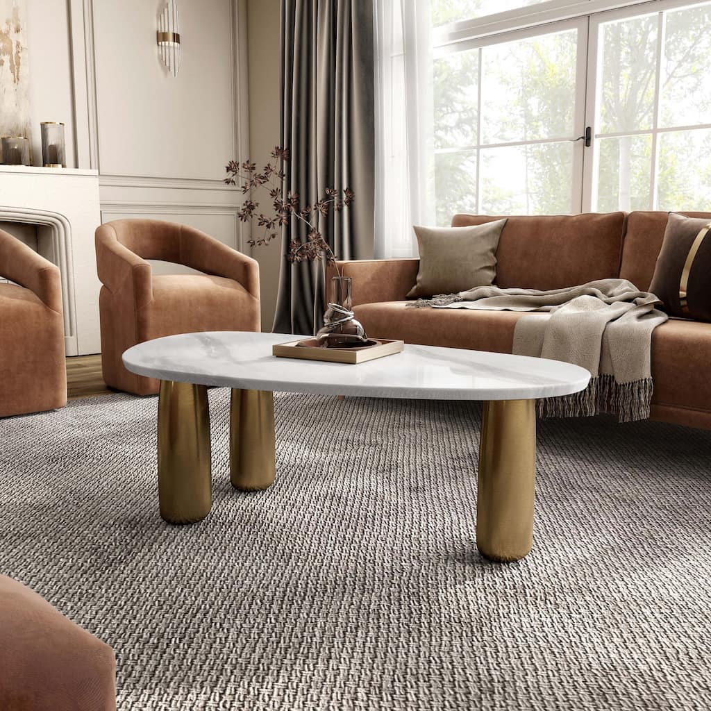 Furniture of America Luvien Modern White Sintered Stone Top Coffee Table with Gold Legs