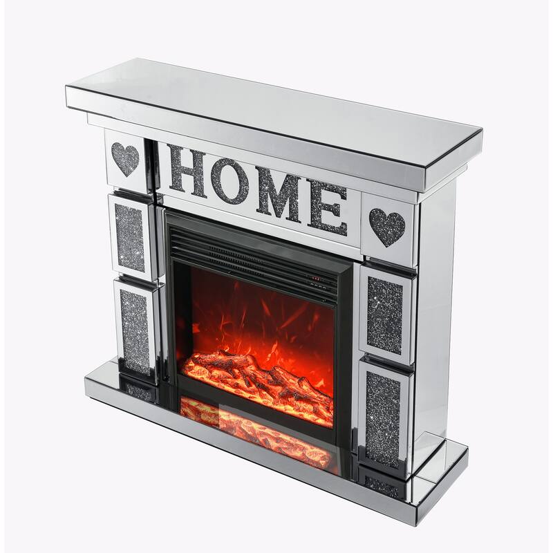 Freestanding Silver TV Fireplace Cabinet with 3D Realistic LED Flames, Acrylic Crystal Design, and Remote Control